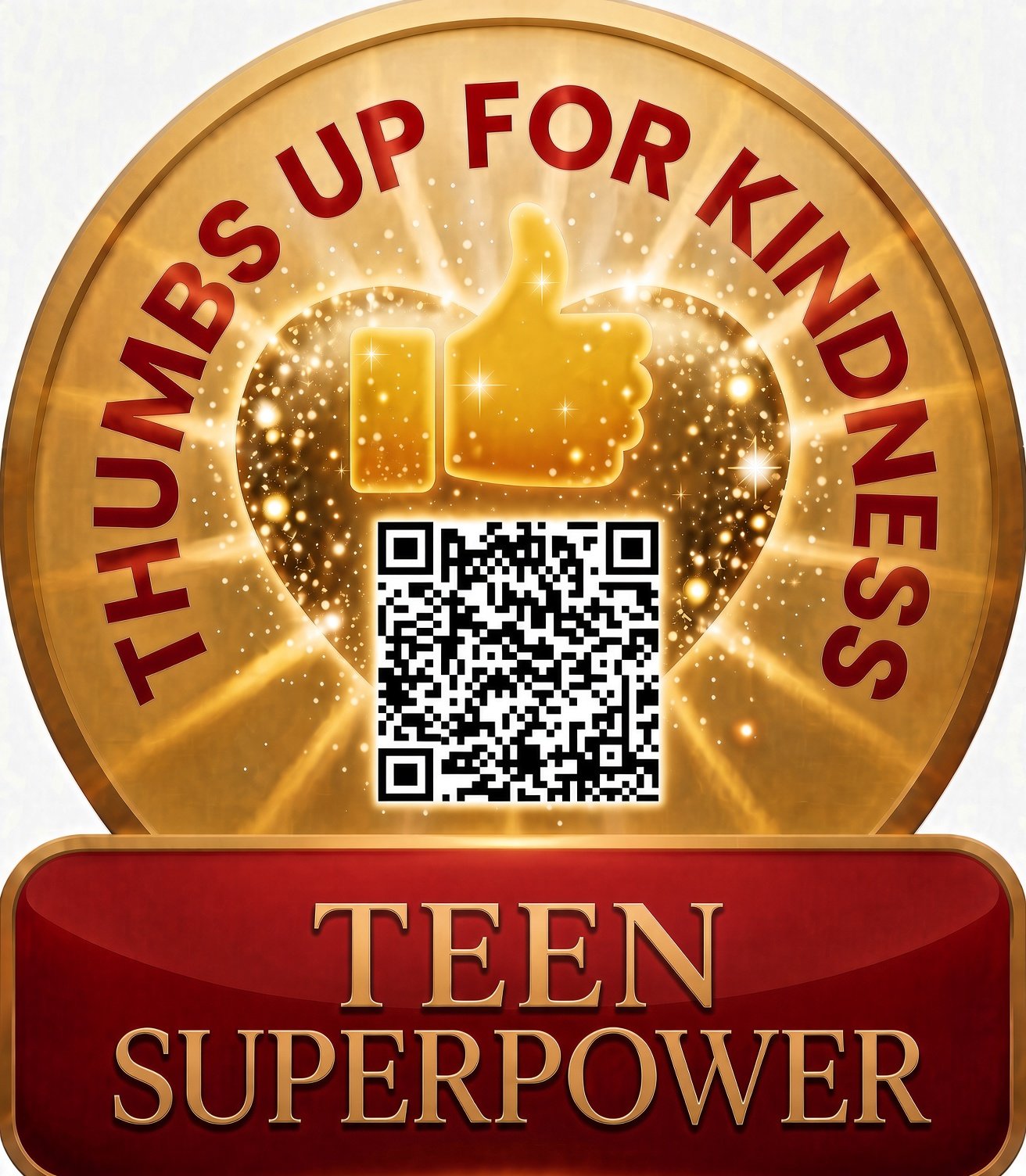 Gold Teen Superpower badge with QR code to brand home