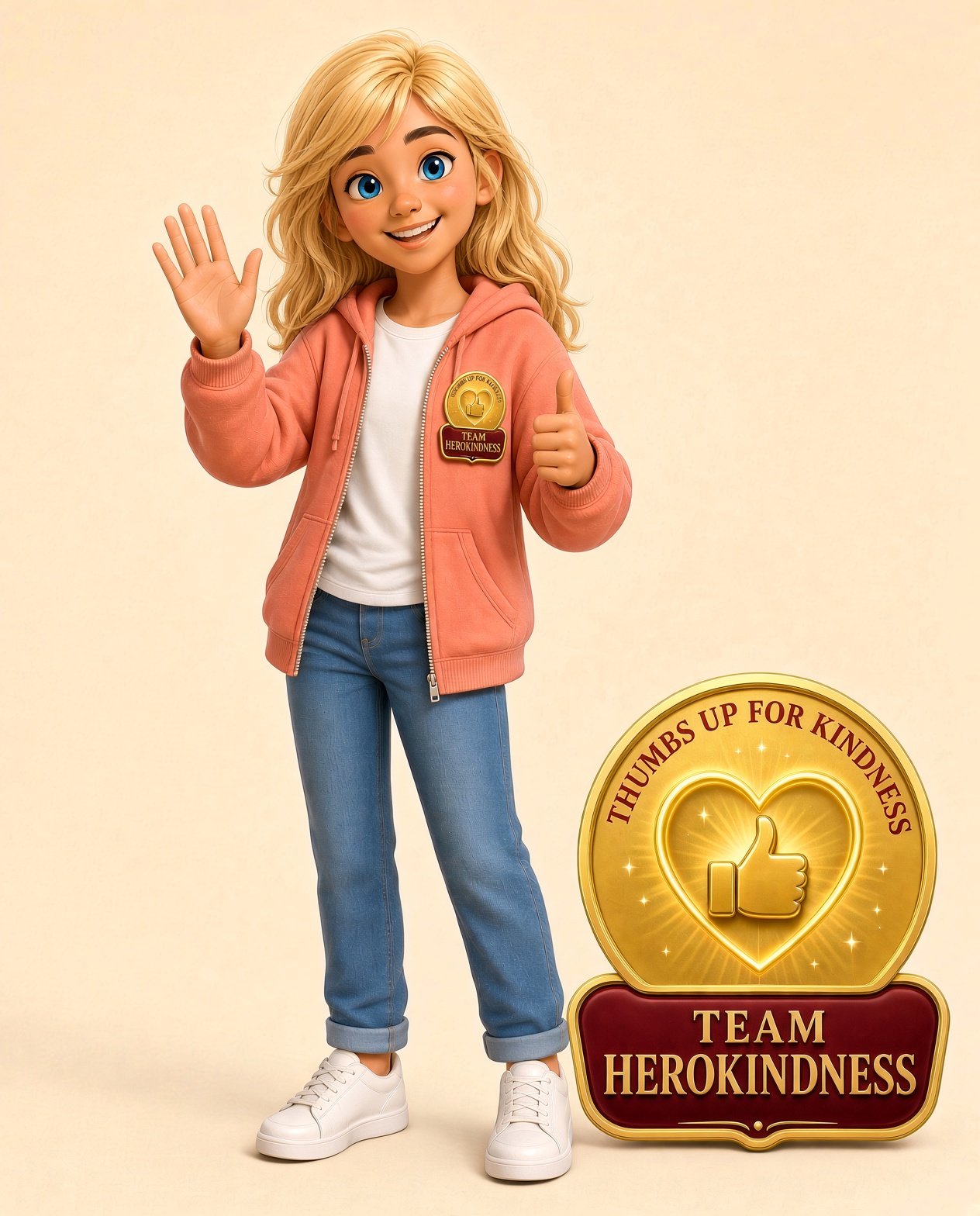 Invite Izzy of Team HeroKindness, coral zip hoodie, welcome wave and thumbs up