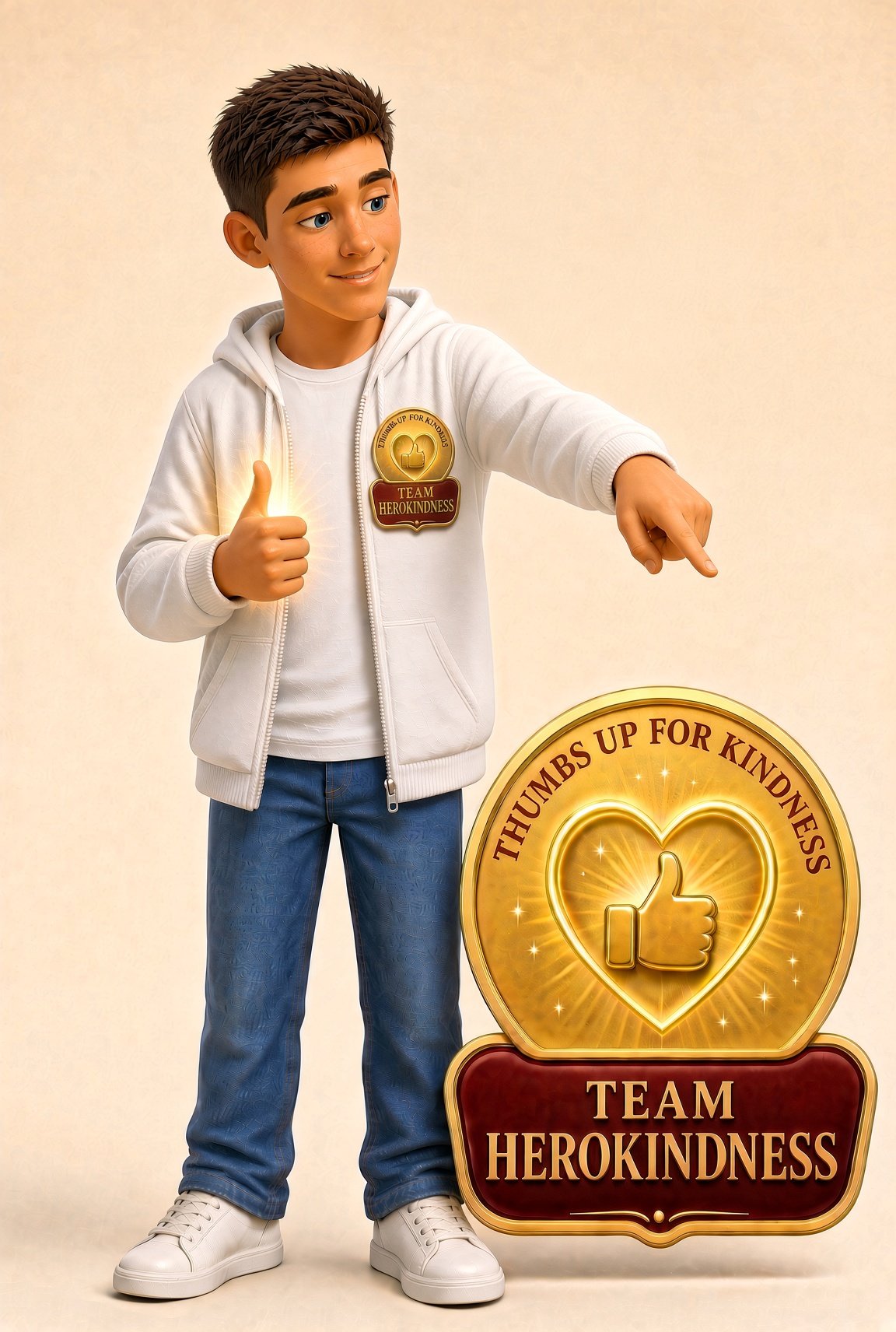 Spark Scout of Team HeroKindness, gold field vest, pointing to a spark, thumbs up