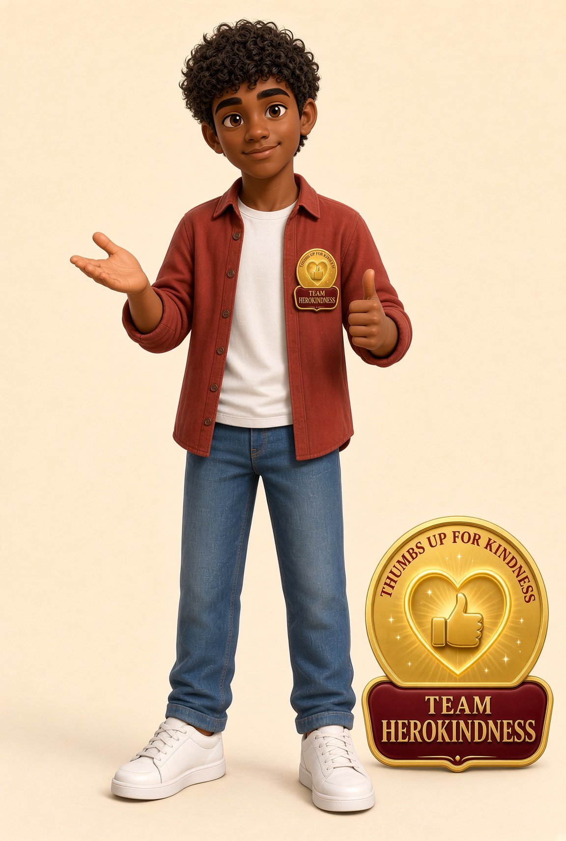 Helper Hank of Team HeroKindness, brick-red overshirt, open helping hand and thumbs up