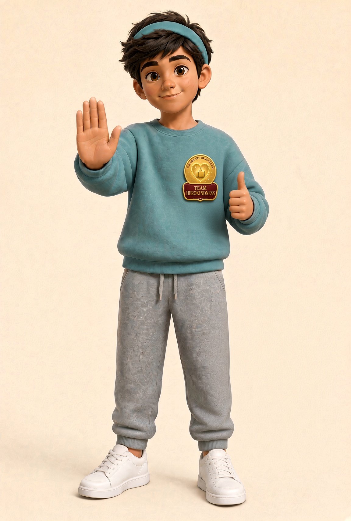 Pause Pax of Team HeroKindness, teal sweatshirt, one palm raised and one thumbs up