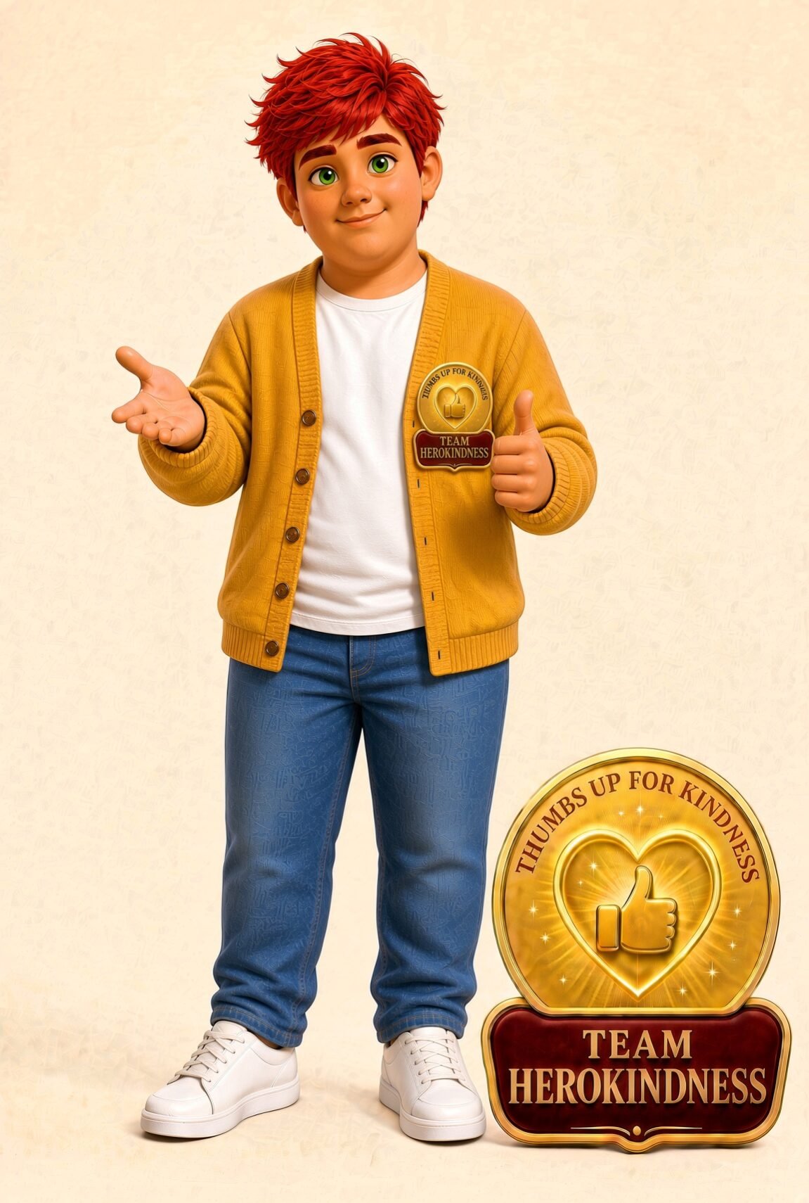 Thank-You Theo in a mustard cardigan