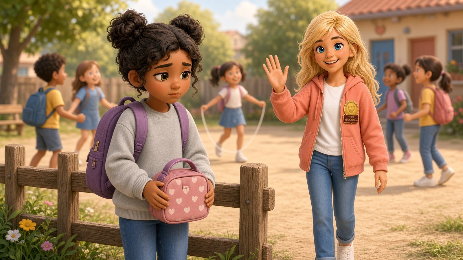 Invite Izzy waves to New-Kid Nia at the school-yard fence while other kids jump rope
