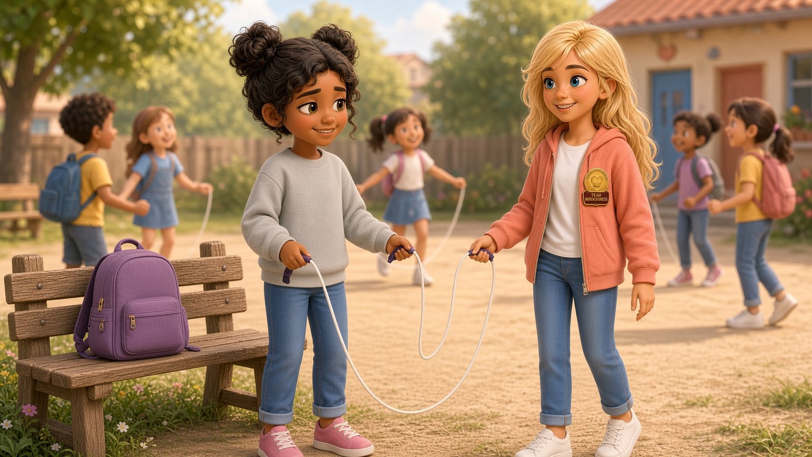 Nia accepts Izzy's invite and holds the jump rope. Her purple backpack sits on the bench.