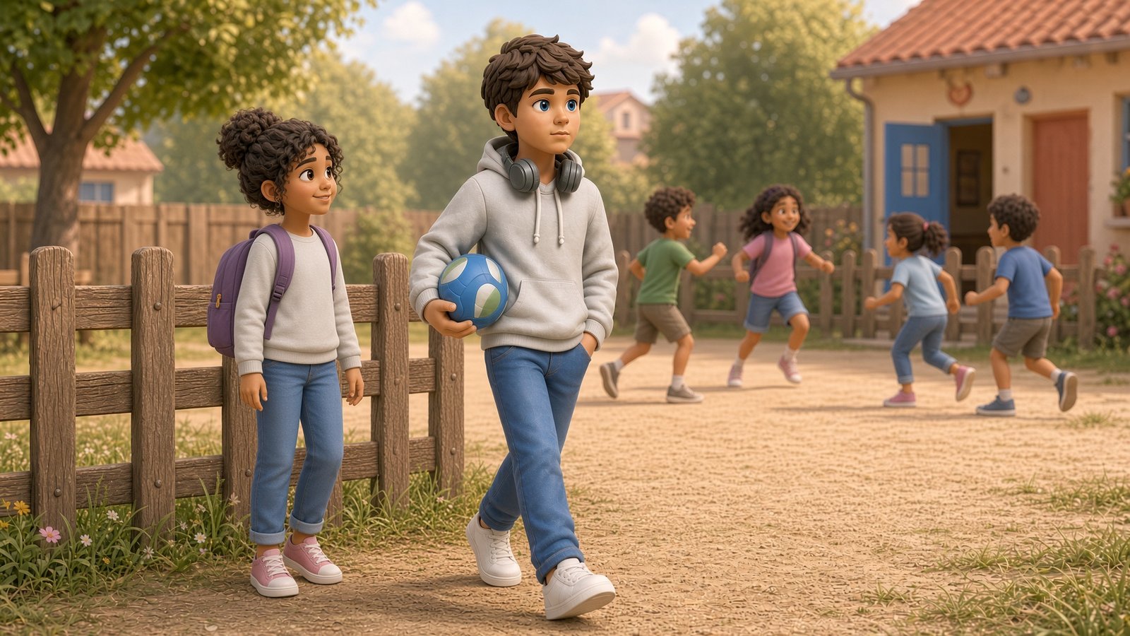 Ignore Ian walks past New-Kid Nia at the fence without looking, soccer ball under his arm