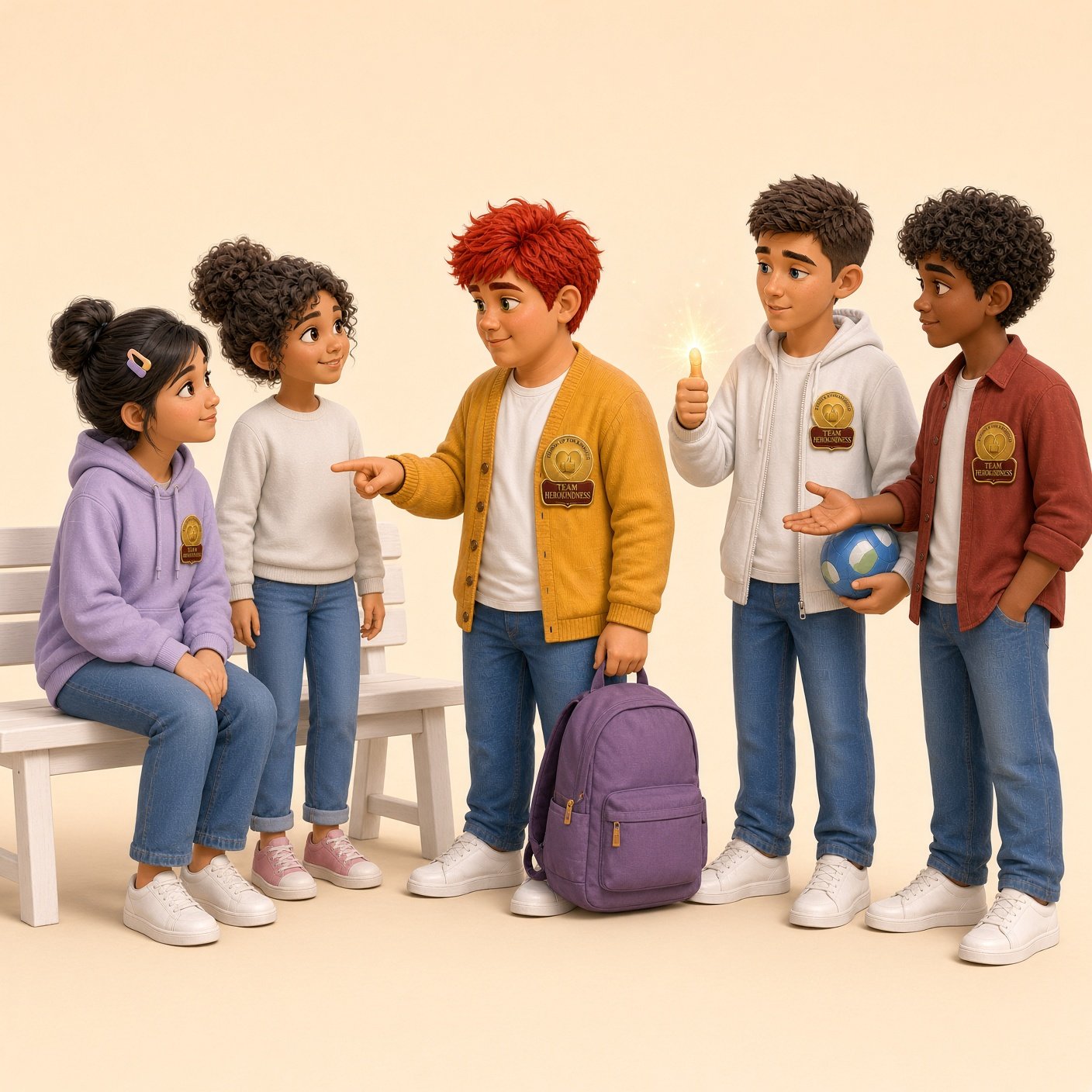 Listen Luna, New-Kid Nia, Thank-You Theo, Spark Scout, and Helper Hank in a skills still