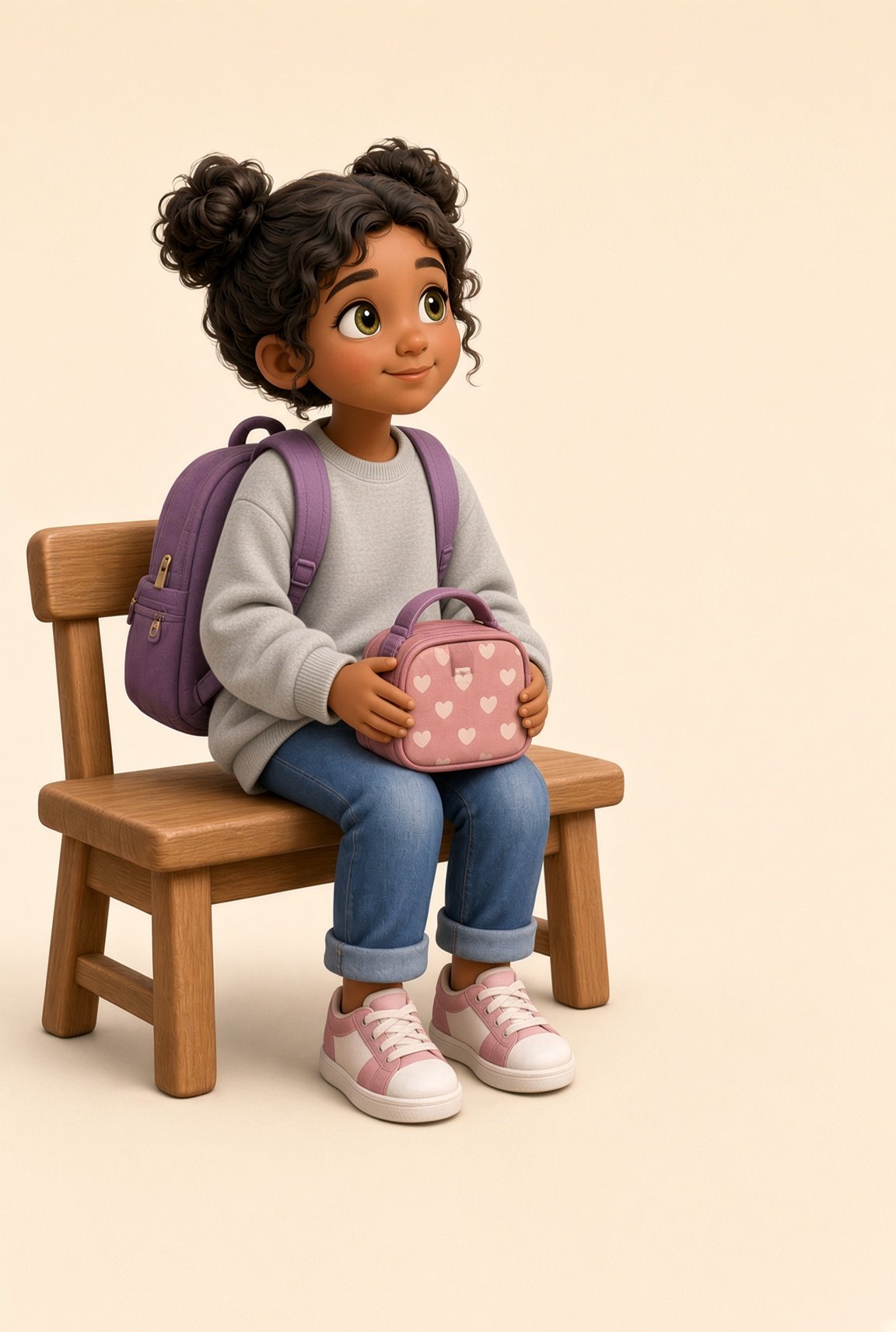 New-Kid Nia sitting on a bench with a purple backpack and pink heart lunch bag